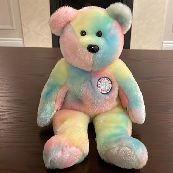 Vintage Ty First Birthday Bear Pink Blue Yellow Green, Excellent Condition 14” - Picture 1 of 7